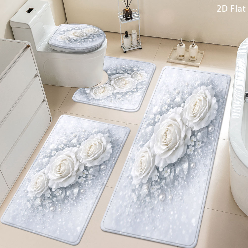 TEMU 2d Flat 3/4pcs Bathroom Anti-slip Mat Set, Rose, Home Decor Shower Room Entrance Absorbent Floor Mat, Household Soft Thickened Quick-drying