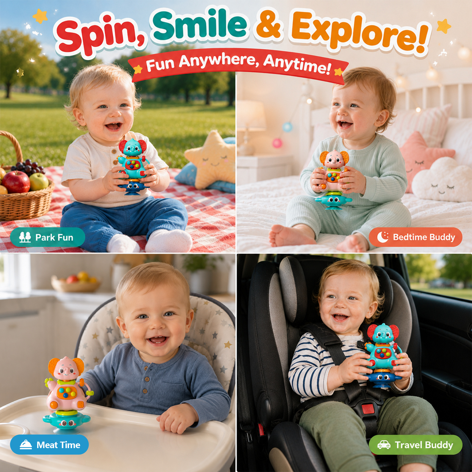 Multi-functional Elephant Suction Cup Toy with Whistle Function