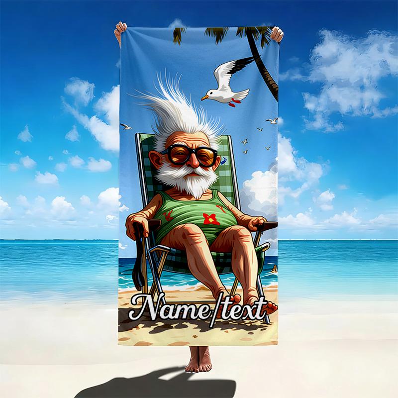 TEMU 1pc Personalized Custom Beach Towel With Cartoon White-haired Elderly Couple Pattern, Customizable With Name/text. Made Of Soft, Absorbent