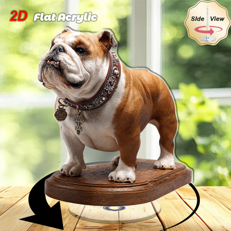 TEMU 2d Flat, 1pc Rotating Bulldog Acrylic Desktop Sculpture - Ultra-realistic English Bulldog Statue With A Gorgeous Collar, Flat 2d Rotating Base,