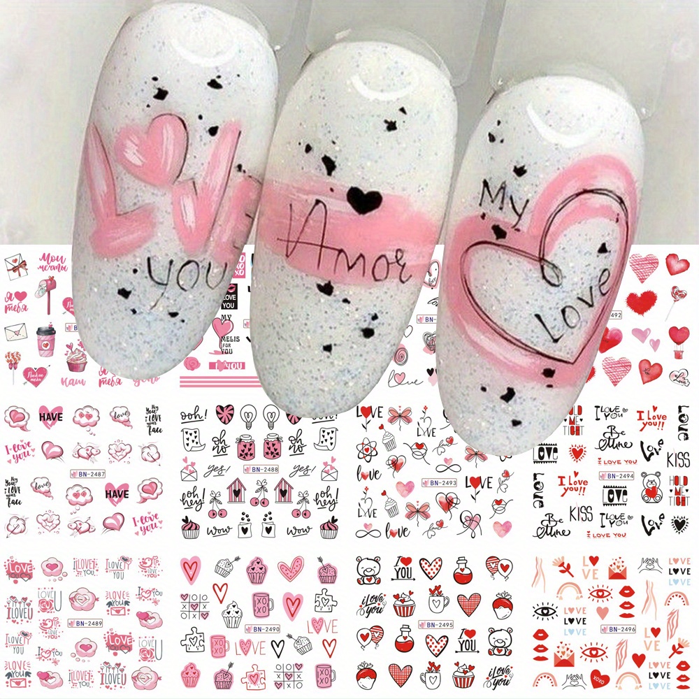 

Valentine's Day Nail Art Stickers - 12 Designs, Water Transfer Decals With Cute Hearts & Lips, Sparkle For Diy Manicure