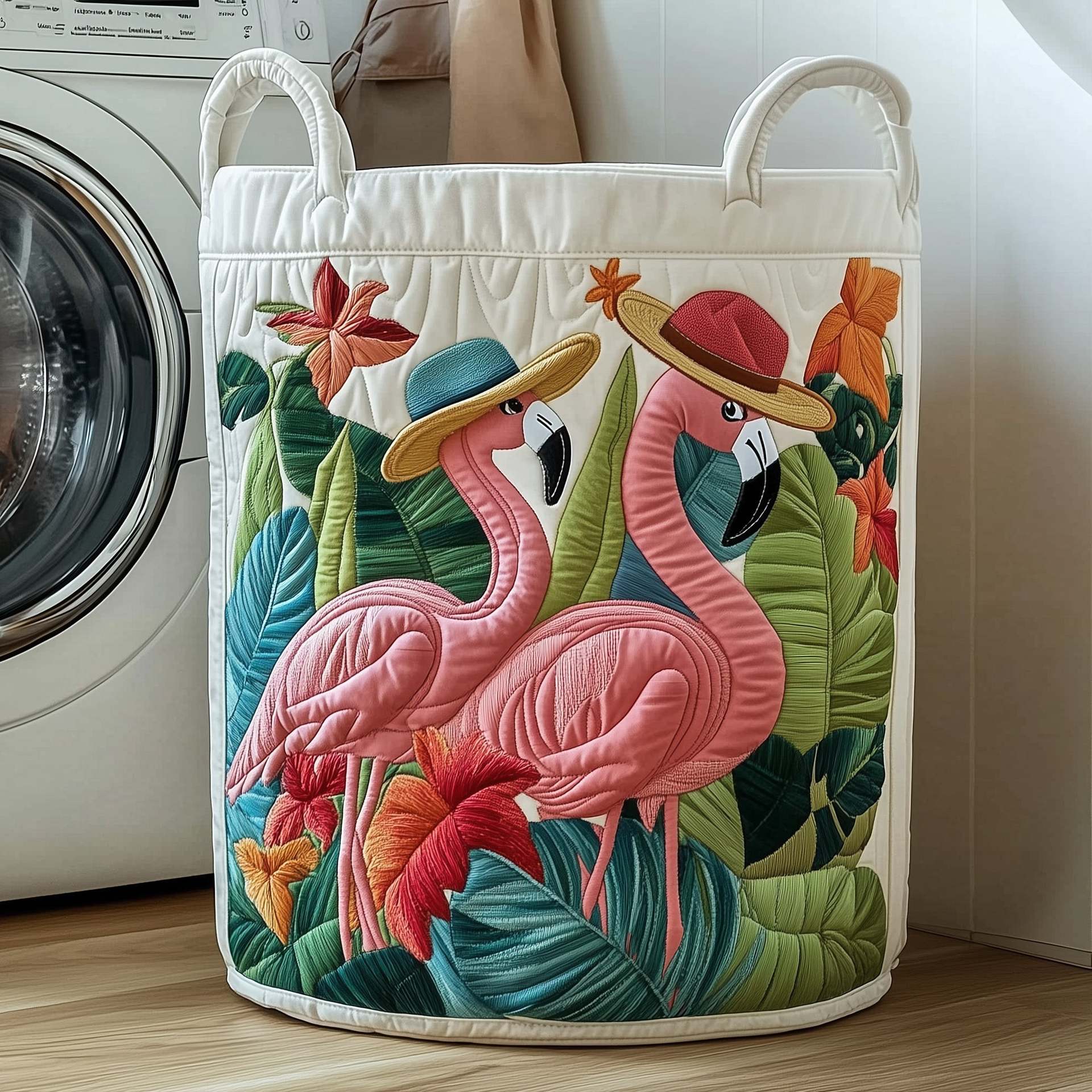 Tropical Flamingo Printed Quilted Laundry Basket Foldable Storage Bin With Handles Large Capacity Thickened Fabric Decorative Organizer For Bedroom And Bathroom, Shelf Baskets