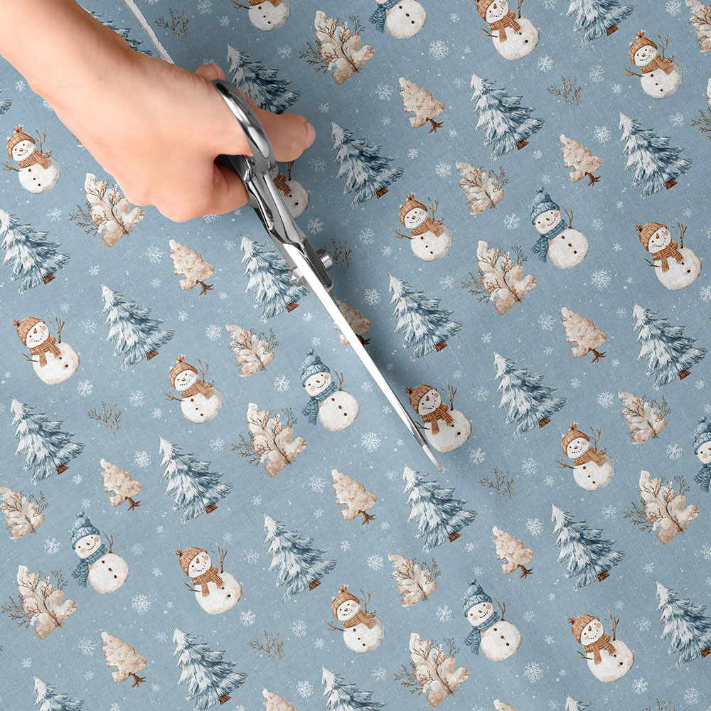 TEMU 1pc Blue Christmas Print Fabric - 59 X 19.68 Inches (150 X 50 Cm) Pre-cut Polyester Fabric With Santa, Snowman, Xmas Tree And Gift Box Pattern -