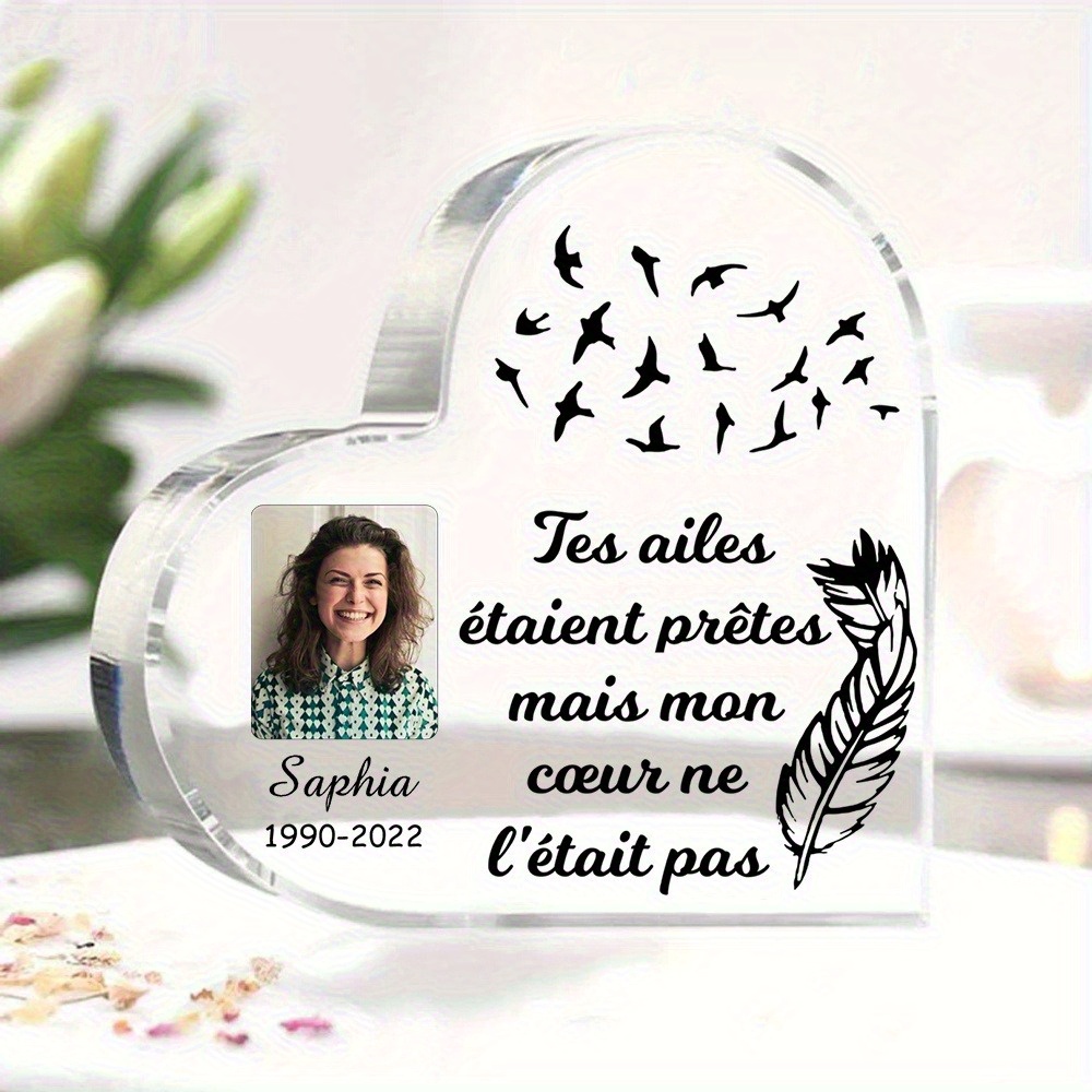 TEMU [2d Flat] Customizable 1pc Acrylic Heart-shaped Commemorative Plaque With Photos, Names, And Engraved French Words - Weather-resistant And