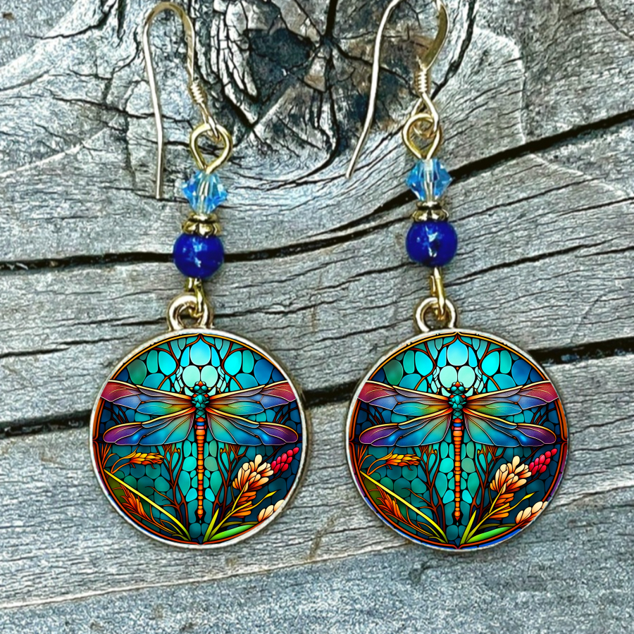 TEMU Unique Round Earrings Featuring A Dragonfly Design Made Of Stained Glass, Perfect For . Insect-themed Jewelry Pieces For Christmas, Valentine's