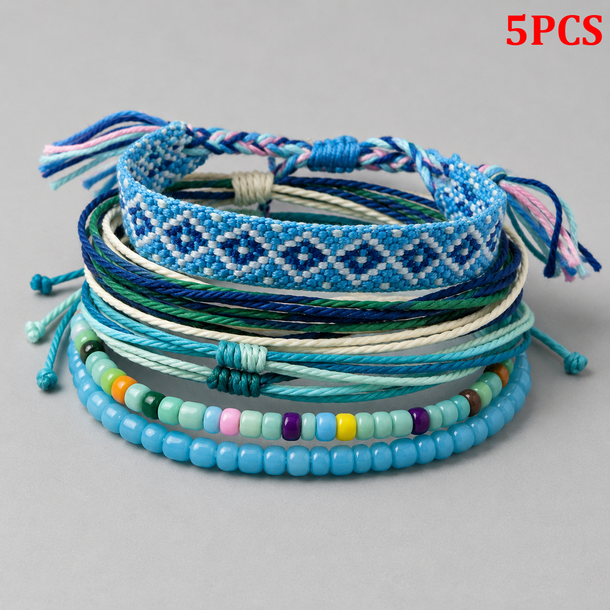 TEMU 5pcs Colorful Stackable Friendship Bracelet Set, Adjustable Woven Beaded Bracelets For Women, Summer Beach Wrist Jewelry, Casual Boho Style Gift