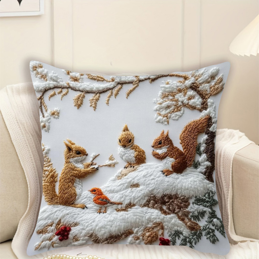 

1pc Winter Squirrel Decorative Throw Pillow Cover, Contemporary Zippered Polyester , Machine Washable, Knit Fabric, 18x18 Inches, With No Insert For Decor