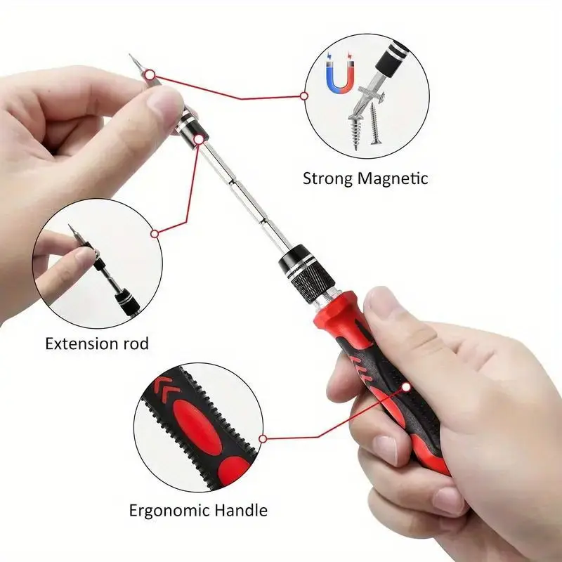 138in 1 precision screwdriver set diy repair tool kit with steel bits for iphone tablet watch camera mini wrench stripped screw extractor magnetic non slip handle tweezers grey red Product details 1