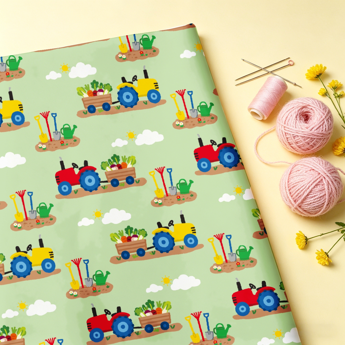 TEMU 1pc, Green Cartoon Tractor And Vegetable Pattern Fabric, Multiple Sizes Available, Soft And Comfortable Polyester Fabric, Diy All-polyester