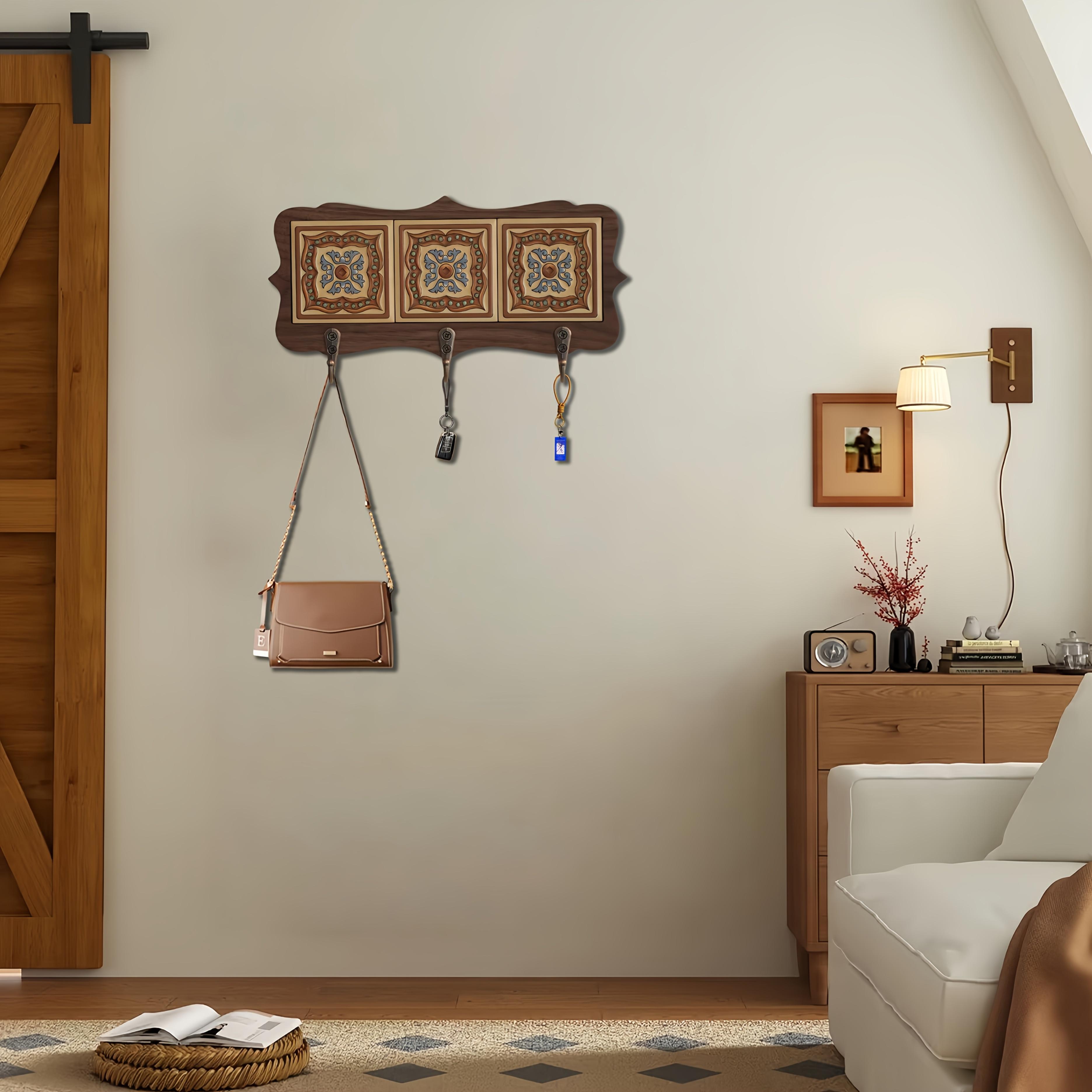 TEMU 1pc Geometric Pattern Wooden Key Storage Hook, A European Country Style Wooden Wall Hanging Decorative Hanger, Suitable For Keys, Coats, Bags,