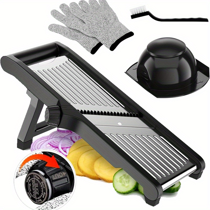 heavy duty adjustable vegetable fruit slicer with safety lock manual kitchen slicer non slip base dishwasher safe for   kitchens easy   with included brush no electricity needed meal prep tool   sturdy build handoperated tool meal preppers Product details 0