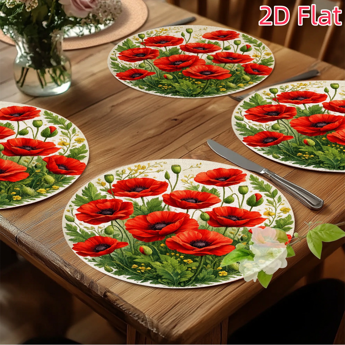 TEMU Lot de 4 sets de table ronds à imprimé coquelicot rouge, protège-tables en polyester lavables en machine pour la décoration de table à manger, ,