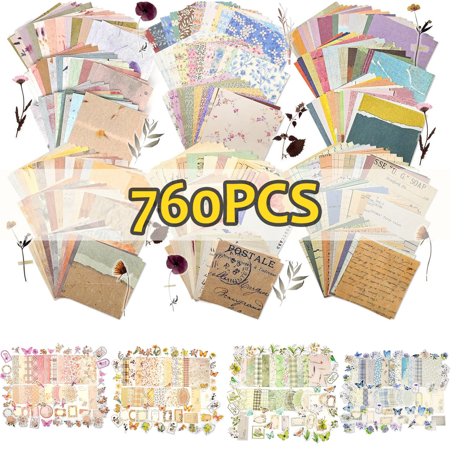 Image of 760pcs Vintage Supplies Kit, 360 Sheets Decorative Junk Journal Paper + 400pcs Die-cut Floral Stickers, Retro Ephemera Material For Journal, Planner, Album, Collage Diy Random Color