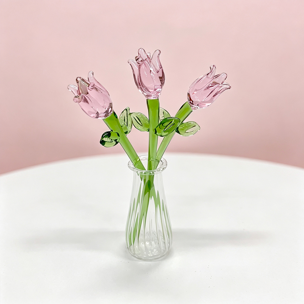 TEMU 4pcs Set: Glass Vase With Tulips, Glazed Tulip Glass Bouquet With Leaves, Colorful Tulips For Mother, Women, And Office Flower Arrangement, Diy