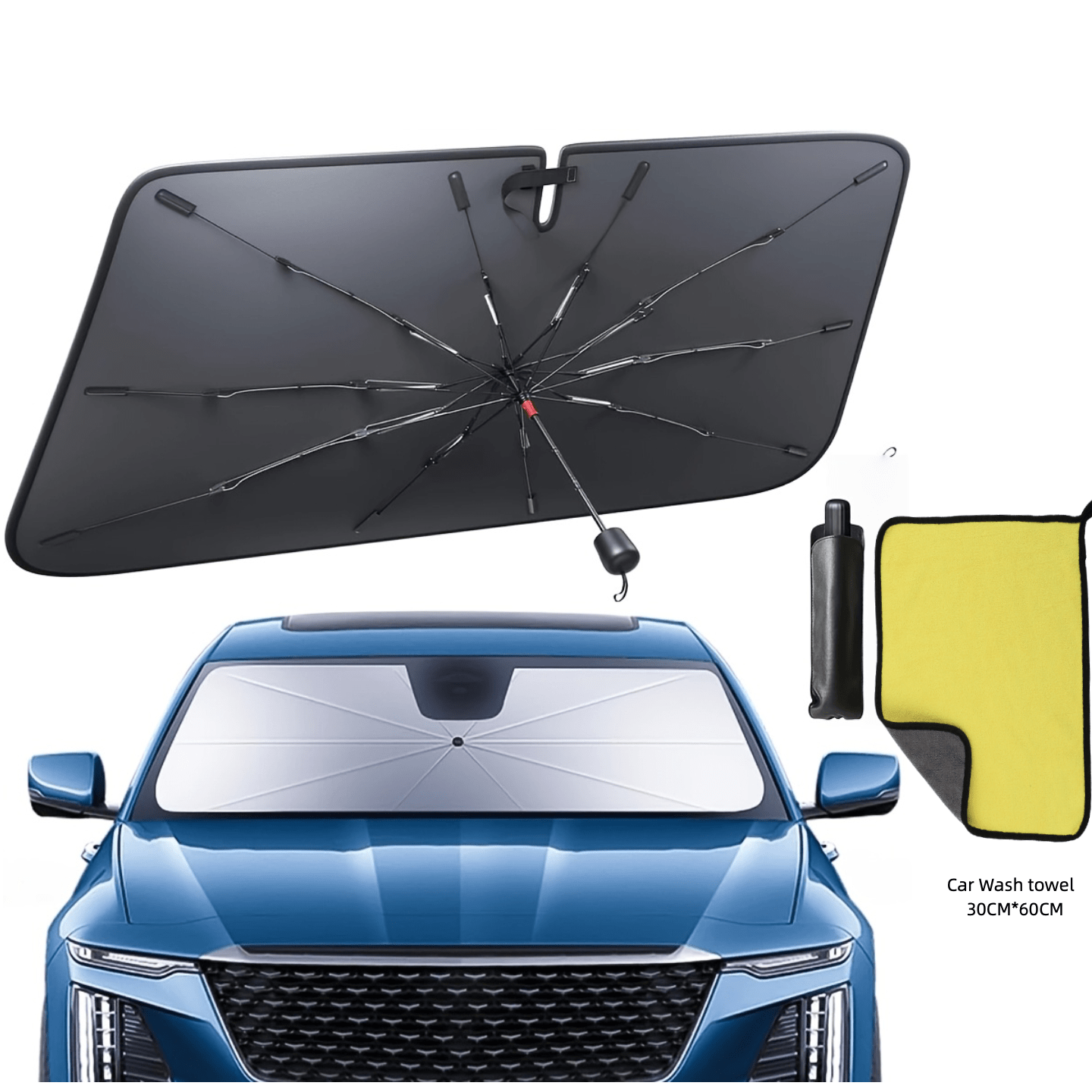TEMU Large Umbrella For Cars, Featuring A Retractable Heat-insulating Windshield Sunshade, Designed To Fit Trucks, Rvs, And Cars For Uv Protection