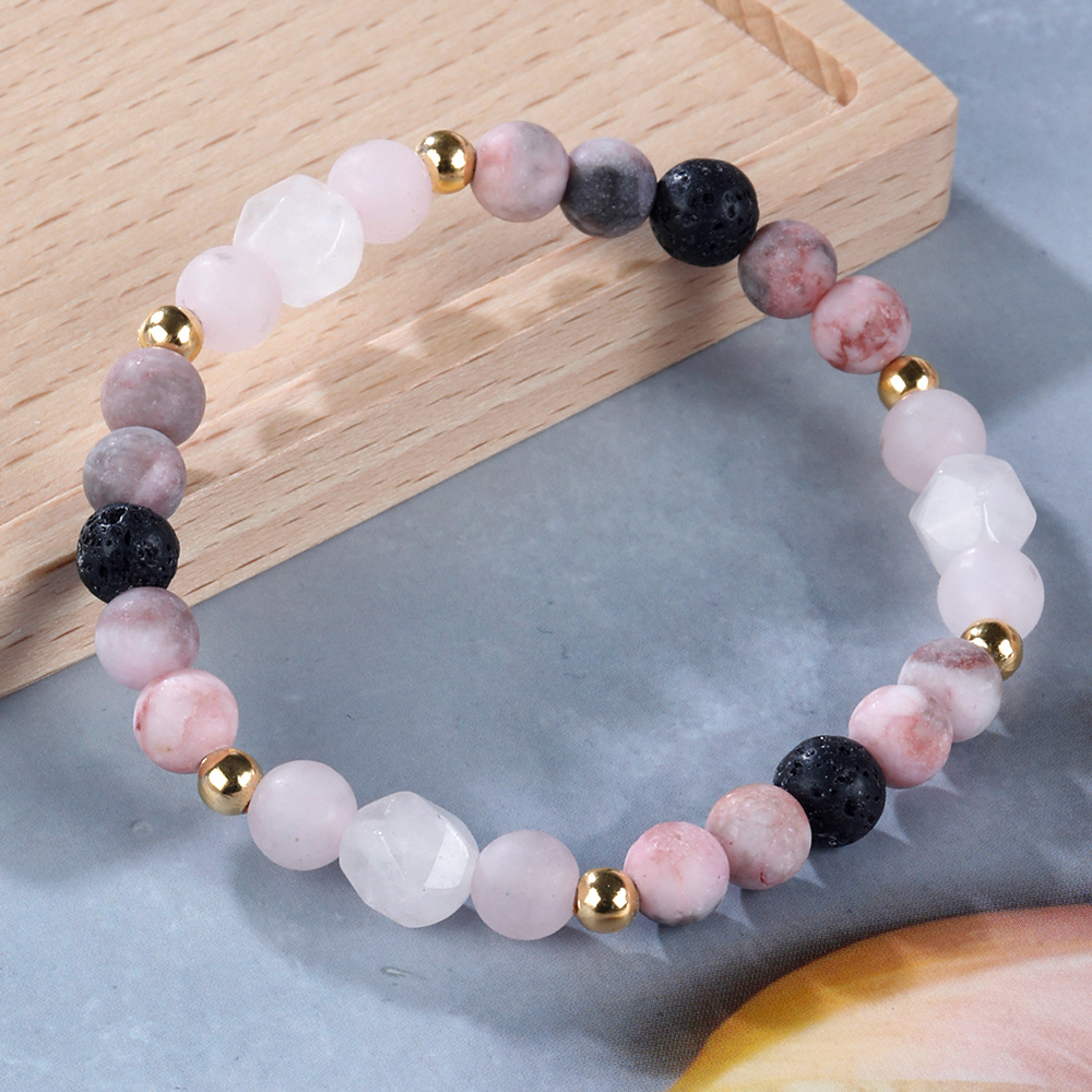 Image of 1pc Natural Stone Polish Pink Zebra Facted Rose Quartz Black Stone Bead Bracelet, And Love, Suitable For Daily Wear And Gift , Unisex
