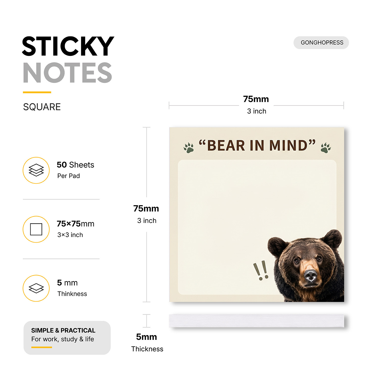 2-Sheet Set of Fun Bear Sticky Notes, 100 Sheets Total