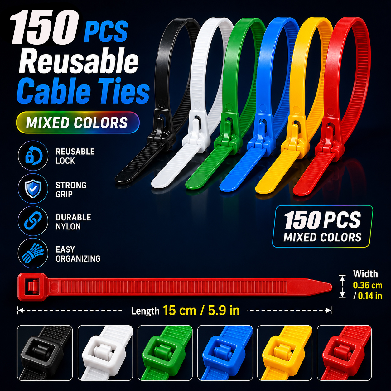 TEMU 150pcs Heavy-duty Reusable Self-locking Nylon Cable Ties Suitable For Indoor/outdoor Use, Color-coded Mixed Colors With Flexible Rib Structure &