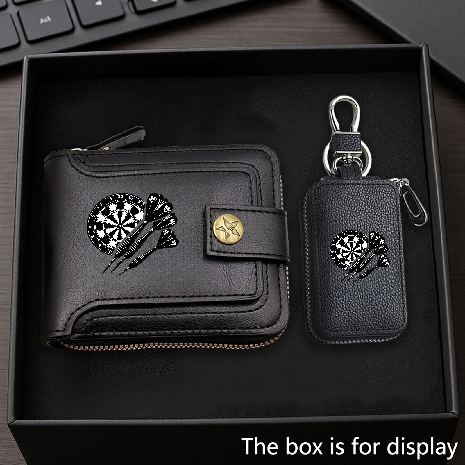 TEMU A 2pcs Set Featuring A Dart-themed Print With 3 Darts And A Dartboard Pattern, Including 's Wallet And A Car Key Pouch. This Stylish And