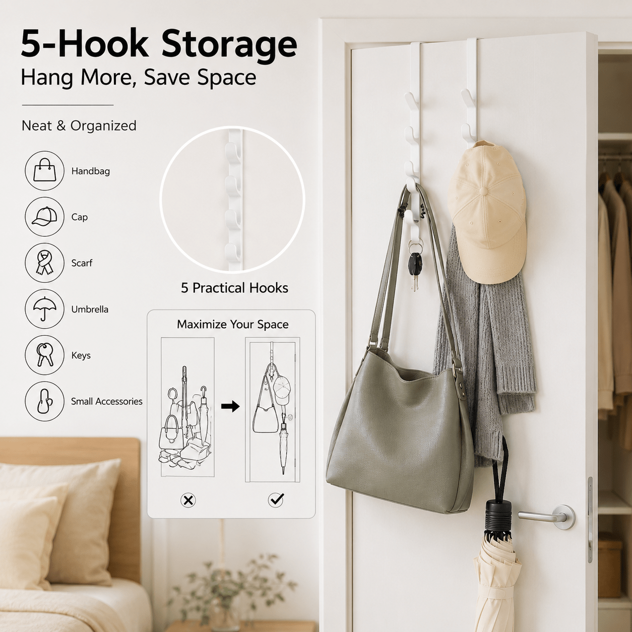 TEMU 2pcs White Over-the-door Hooks/storage Rack - Multi-hook Organizer - Plastic Over-the-door Hanger For Bags, Hats, Scarves, And Umbrellas - Home