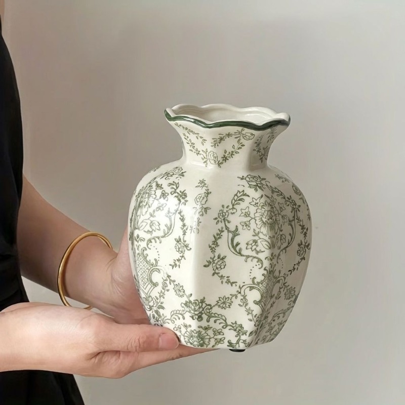 TEMU Vintage Green And White Ceramic Vase, 5.7-inch Hand-painted Floral Vase For Table Centerpiece, Shelf, Living Room And French Country Farmhouse