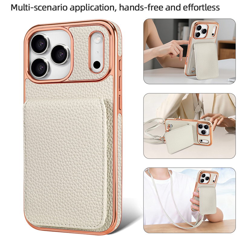 Phone Case: Business PU Lychee Texture Flip Cover Card Holder with Multiple Card Slots, Stand Function, Crossbody Strap, and Full-Body Protective Case with Plated Frame for Apple iPhone 17 Pro Max/17 Pro/17 Air/17
