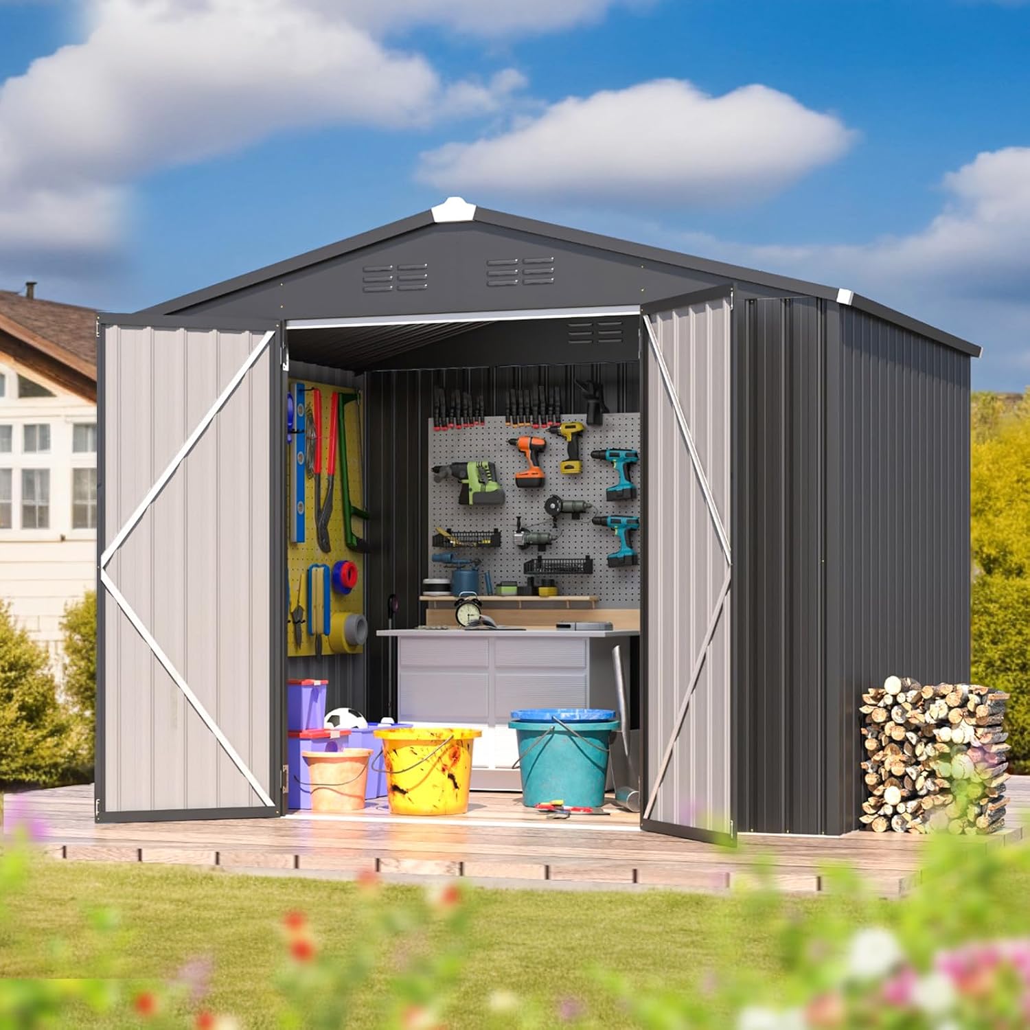 Image of Large Metal Outdoor Tool Shed, 246 X 182 X 196cm, Heavy Duty Metal Storage Shed For Backyard Garden Equipment, Removable And Temporary