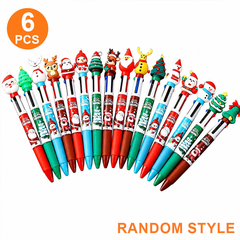 TEMU 6pcs Christmas 4-color Ballpoint Pen, Writing Pen, Random Color, Ballpoint Pen, For Office, School, Student Use, Study Notes, Christmas