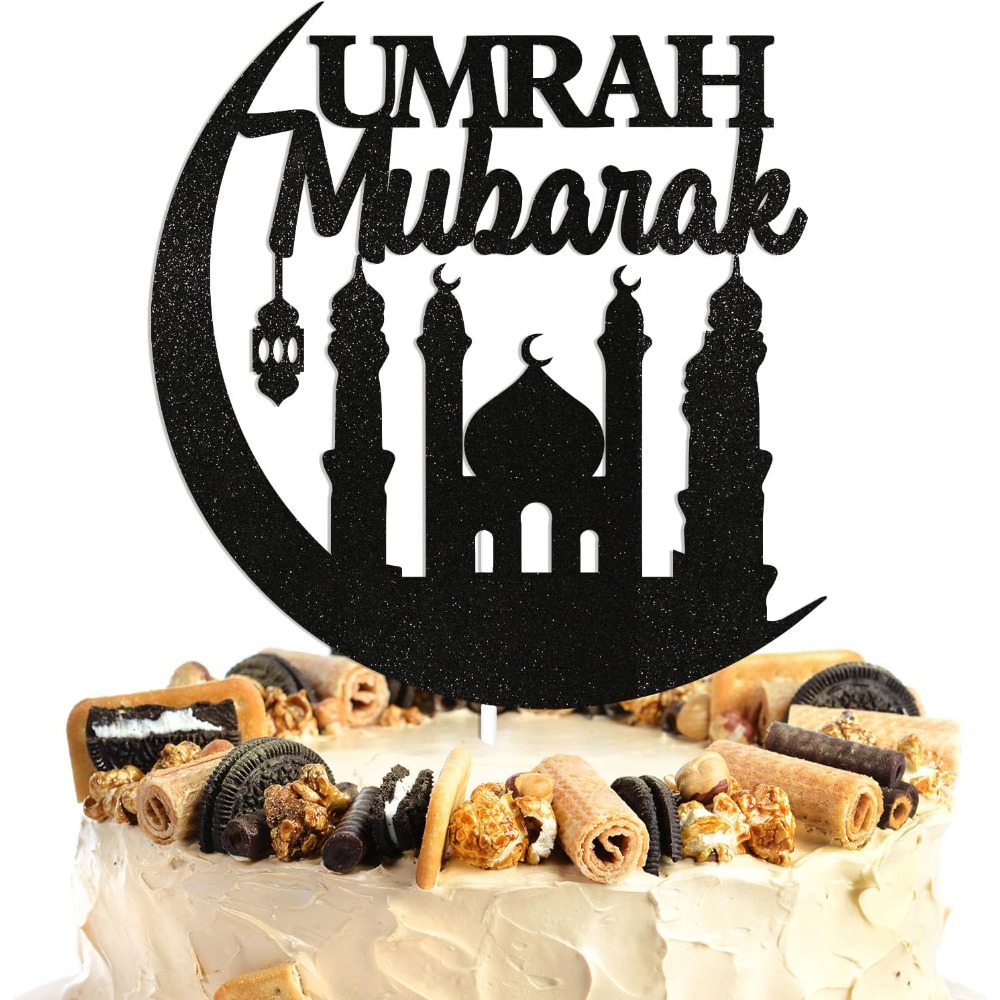 1pc Umrah Mubarak Cake Topper - Cake Decorations, Decor, Eid Festival Party Decorations Black Glitter
