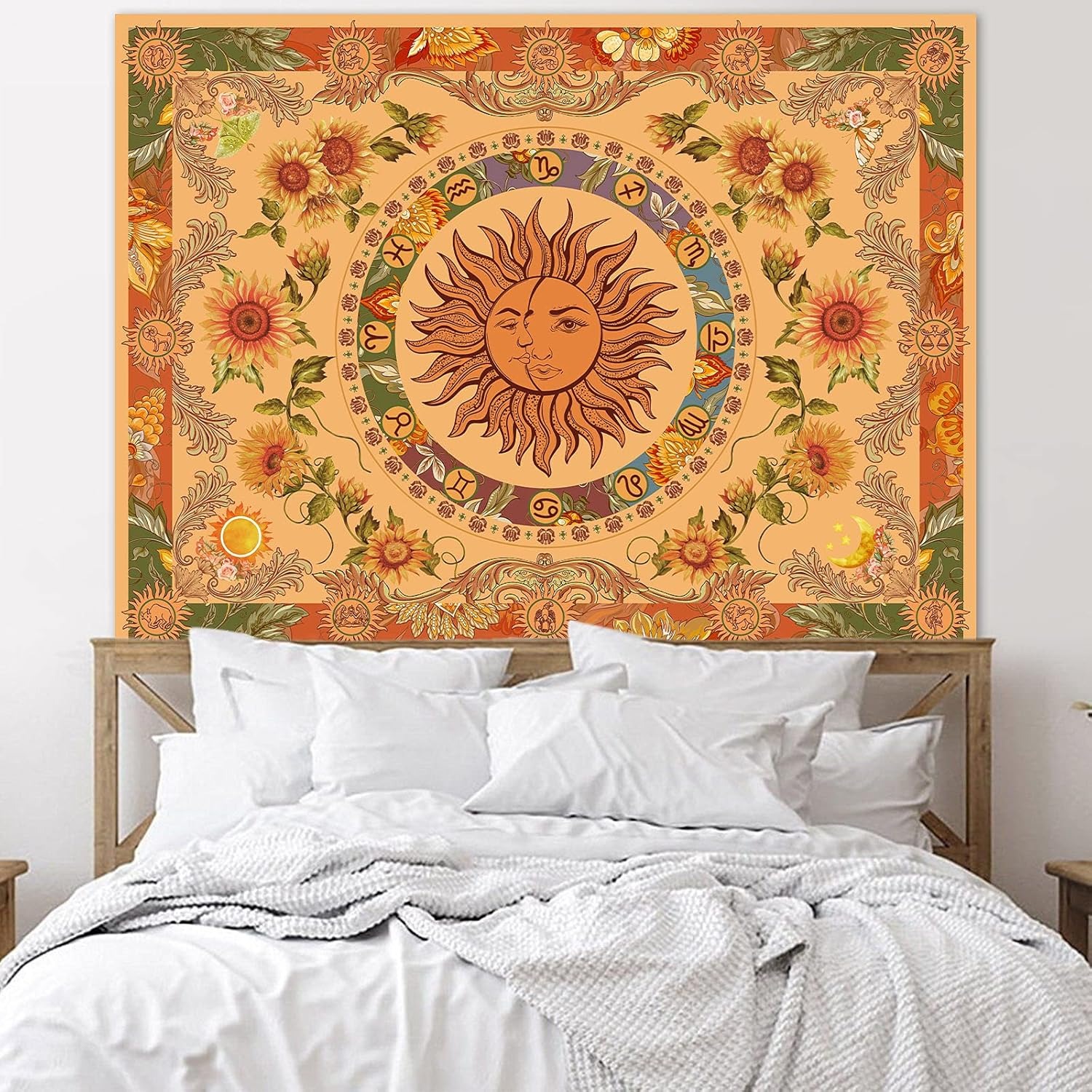 Bohemian Retro Sun Tapestry With Sunflower Butterfly And Moth_voghion.com