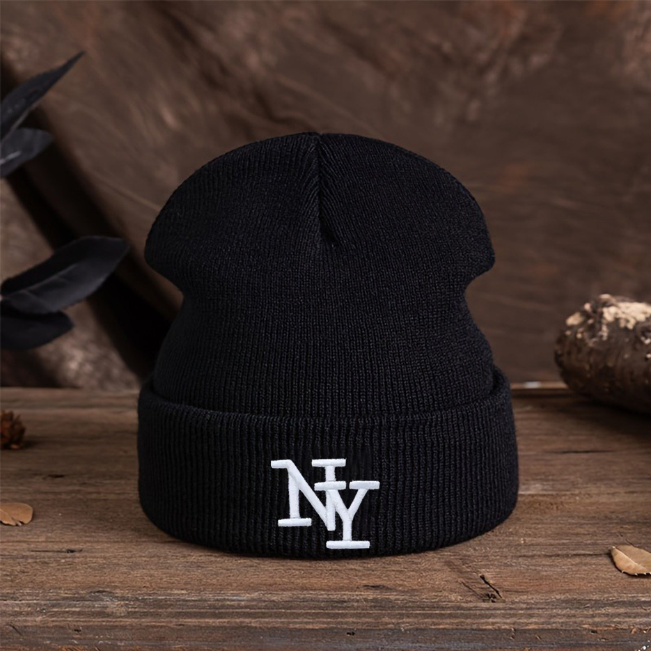 Image of 1pc Autumn Versatile English Letter Ny Embroidered Beanie , Black, Solid Embroidery, Fashionable And Versatile For Autumn Winter, 100% Acrylic, Hand Washable, , Breathable - Unisex