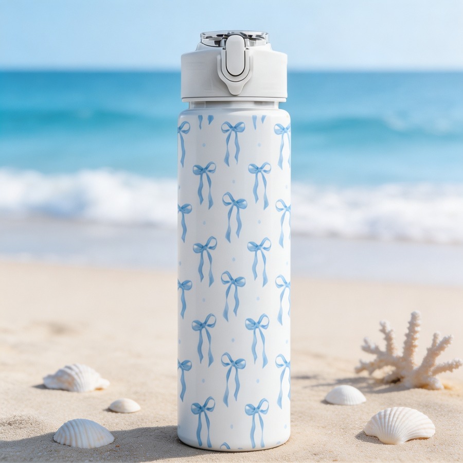 TEMU 1pc 25oz/750ml Water Bottle Single Pack, 2d Printed Reusable. Base With Bow And Scattered Polka Dots For Seamless Full Print, Gentle And ,