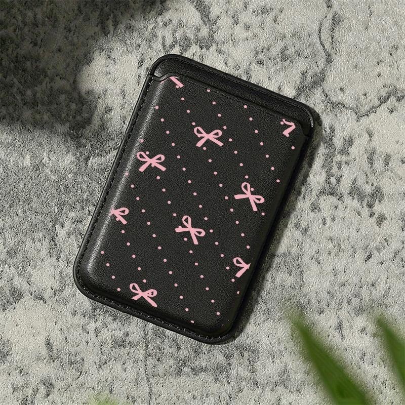 Magnetni držalnik za telefonske kartice, črno/bela PU usnja z rožnato pentljo in pikčastim vzorcem, lepilna zadnja stran za pametni telefon,