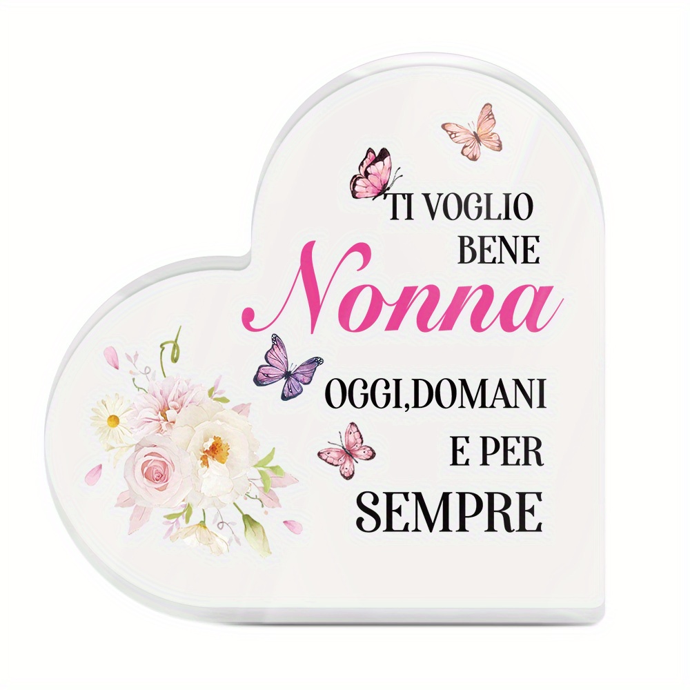TEMU 2D Piatto, 3,94x3,94 Pollici, 1pz Targa Acrilica a Forma di Cuore Italiana, Decorazione da Tavolo, " BENE Nonna OGGI, ", Decorazione per