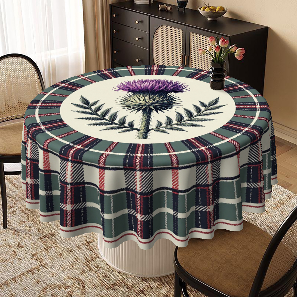 TEMU 2d Printed 150x150 Cm/59x59 Inch Scottish Themed Tablecloth, Table Cover, Featuring Thistle And Tartan Plaid Design, Suitable For , 's Day,