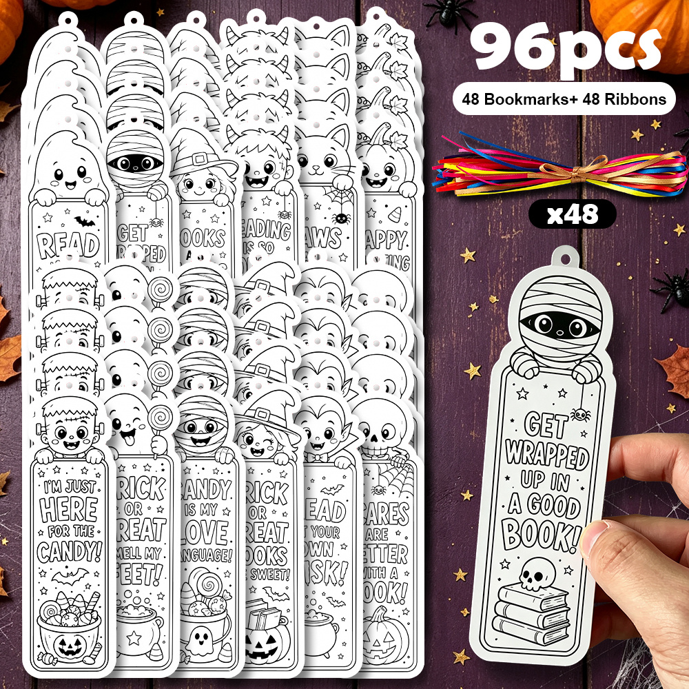 TEMU 48/96pcs Monster , Witches, Vampires, Pumpkin Bookmarks With Tassels Set, 1.9x5.9 Inches - 12pcs Different Designs Halloween Theme Patterns And