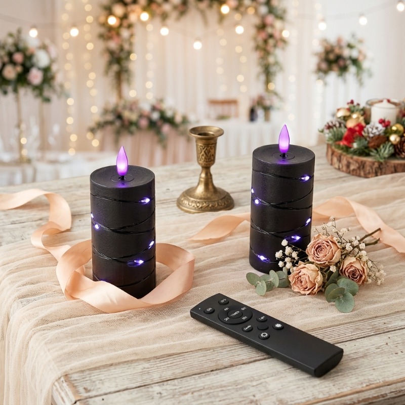 TEMU 2pcs Black Purple Light Flameless Candles, 3d Wick, With Controller, Led Slim Candles, Flickering Flame, Battery Powered, Simulation Plastic