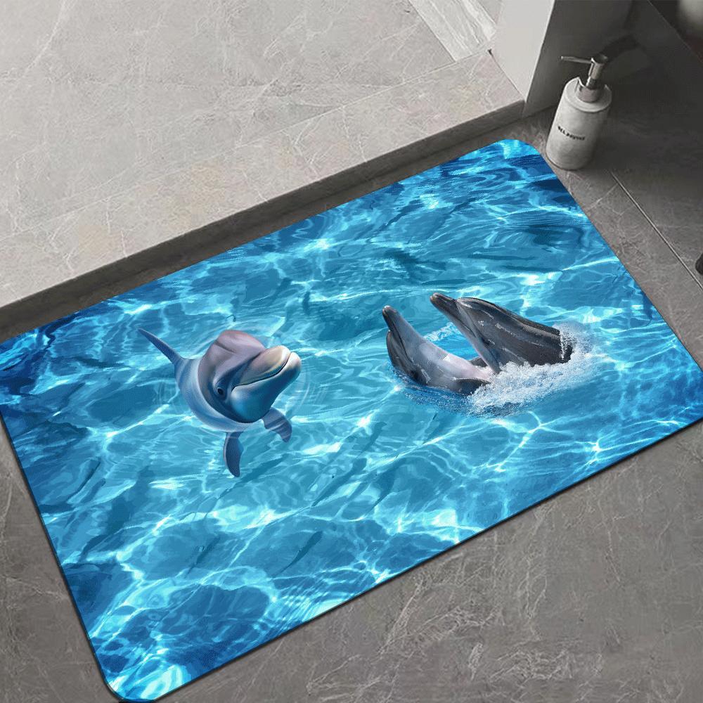 

Dolphin Water Fun Pattern Decorative Bath Mat, Non-slip, Machine Washable, Knit Weave Polyester With Polyester Fiber Backing, For Home Bathroom, Bedroom, Living Room, Gift Door Mat