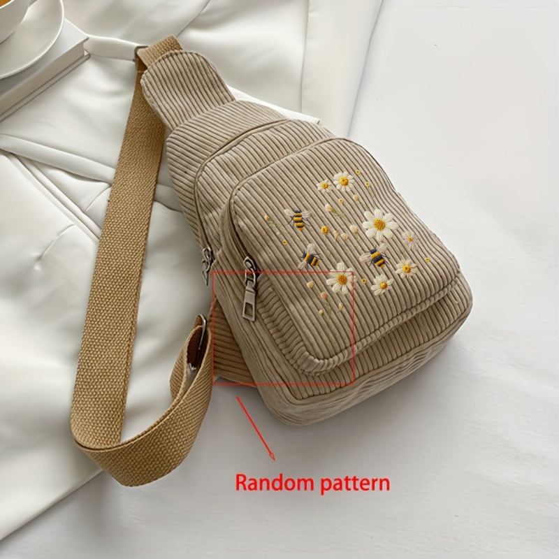 E-shop Damen Cord-Brusttasche mit Gänseblümchen- Bienenstickerei – Verstellbare Umhängetasche, Cordstoff & Geldbörse geeignet für tägliche Reisen,
