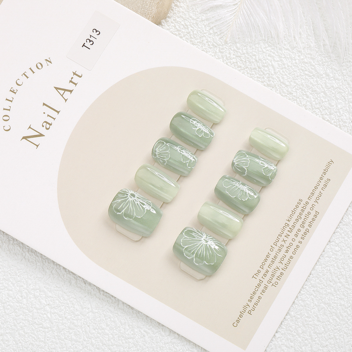 TEMU Faux ongles à pression simples, verts, à motif floral et effet œil de chat, 10 pièces