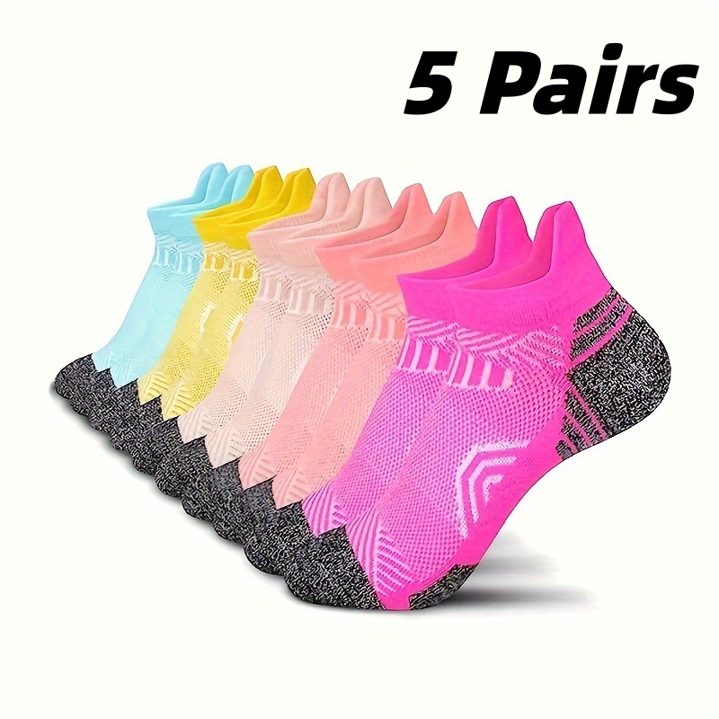 Image of 5 Pair Women's Professional Sports Ankle Socks, Fabric, Breathable Low-cut With Thick Padding And Arch Support For Running And Casual Wear, Anti-blister, Cushioned, Odor-resistant Running Socks