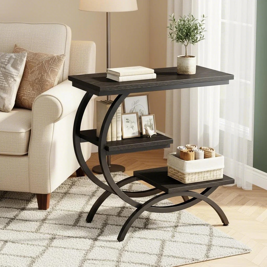 Modern End Table With 3-tier Storage Shelves - Space- Bedside Table Suitable For Small Spaces, Assembly Compact Side Table For Couch, Bed, Living Room, Wood & Contemporary