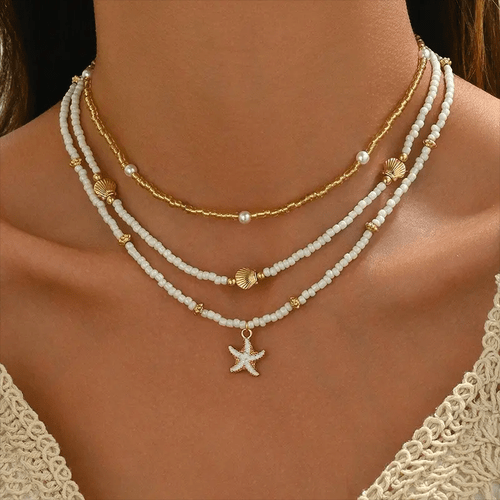 3pcs layered necklace set for women seaside shell and pendant glass bead choker with golden accents summer beach vacation beach additions