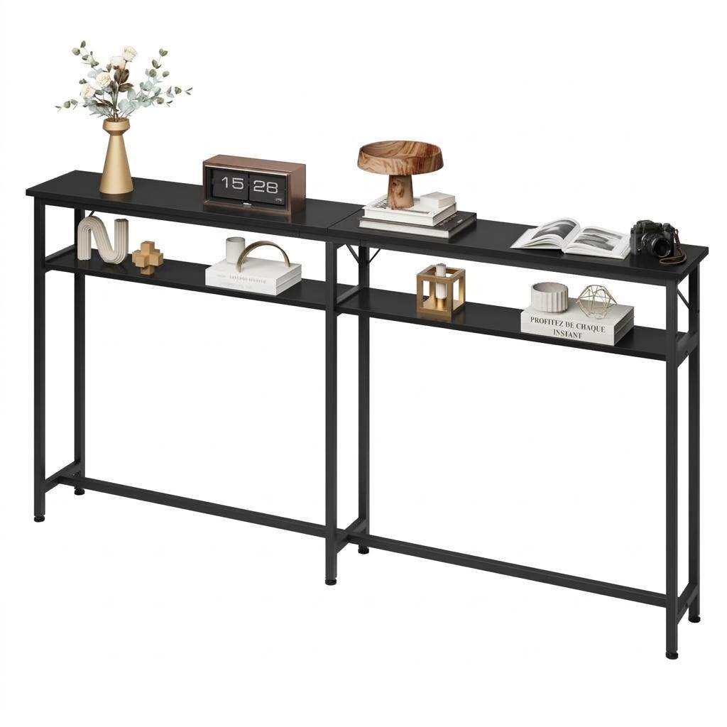 1pc 180cm 2 Tier Narrow Console Table, Industrial Sofa Back Table With Metal Frame And Particle Board, Long Entryway Table For Living Room Behind Couch