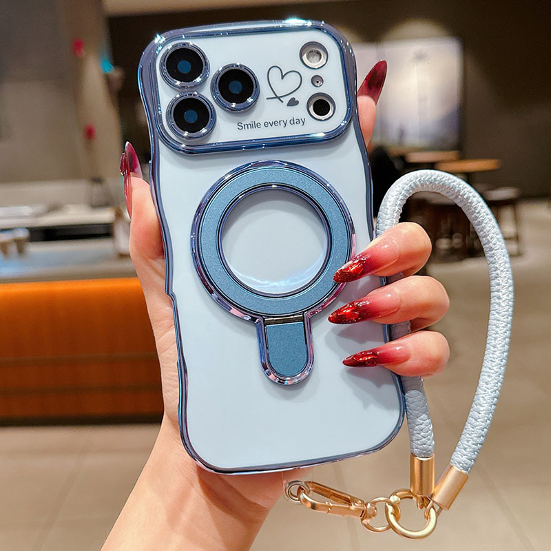 TEMU Phone Case - Creative And Stylish Wave- Electroplated Frame With Stand And Hand Strap Phone Case, Suitable For Iphone 17 Pro Max, 17, 16 Pro, 15