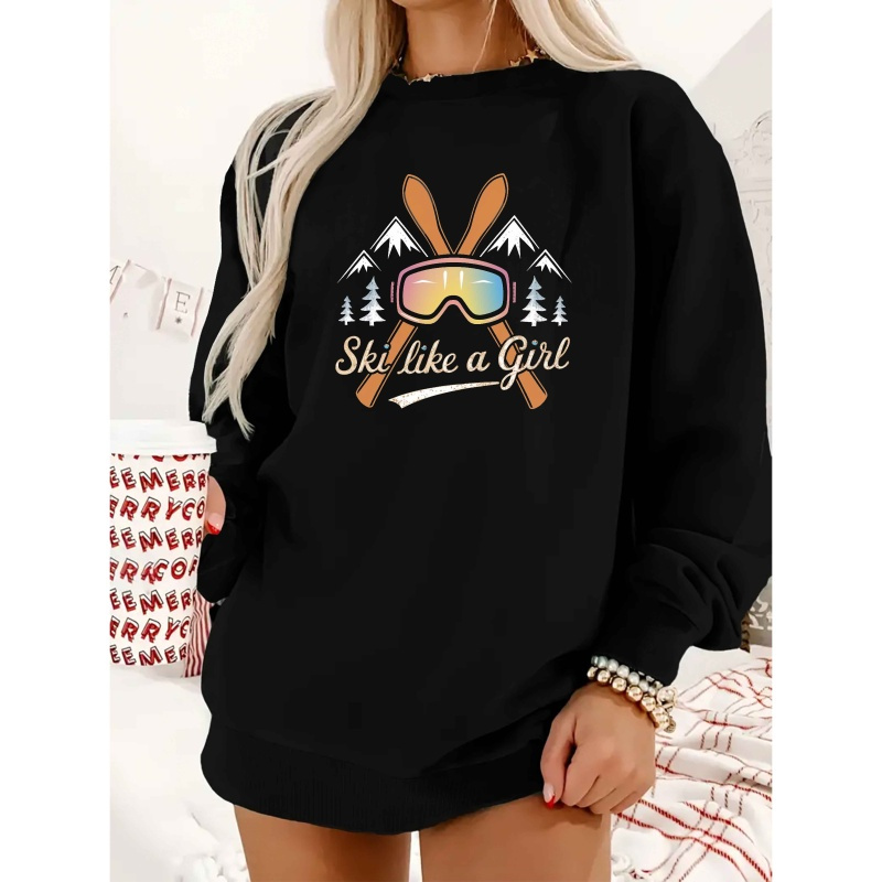 

1pc Women's Ski Graphic Sweatshirt - Polyester 100%, Crew Neck, Casual Long Sleeve Pullover, Geometric-patterned Knit Fabric, Fall/