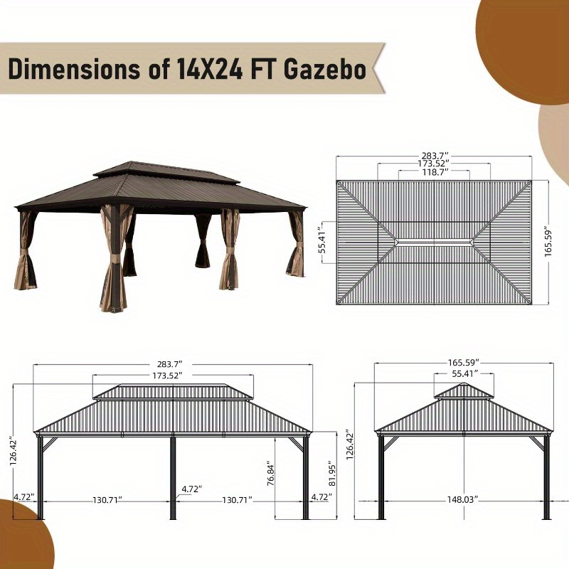 14x24FT Brown Metal Gazebo for Patio Garden Deck, Aluminum Frame with Galvanized Steel Double Roof, Built-in Gutter System, Includes Curtain and Netting, Durable Outdoor Pavilion Shelter.