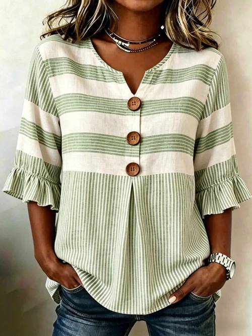 2026 summer new arrival womens striped print v neck shirt loose fit blouse with button details and waist defining design lightweight summer shirt