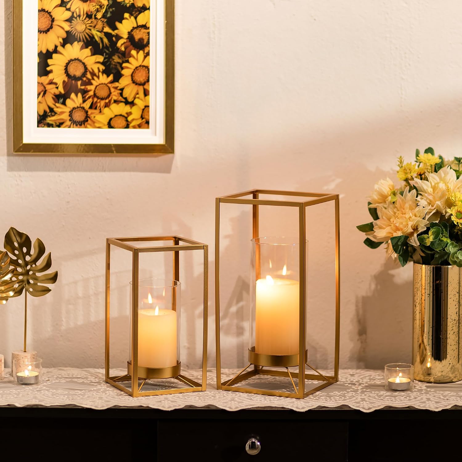 Decorative Indoor: Set Of 2 Wedding Lanterns With Hurricane Glass Holder For Table Centerpiece Fireplace Mantles Kitchen: Home& Kitchen