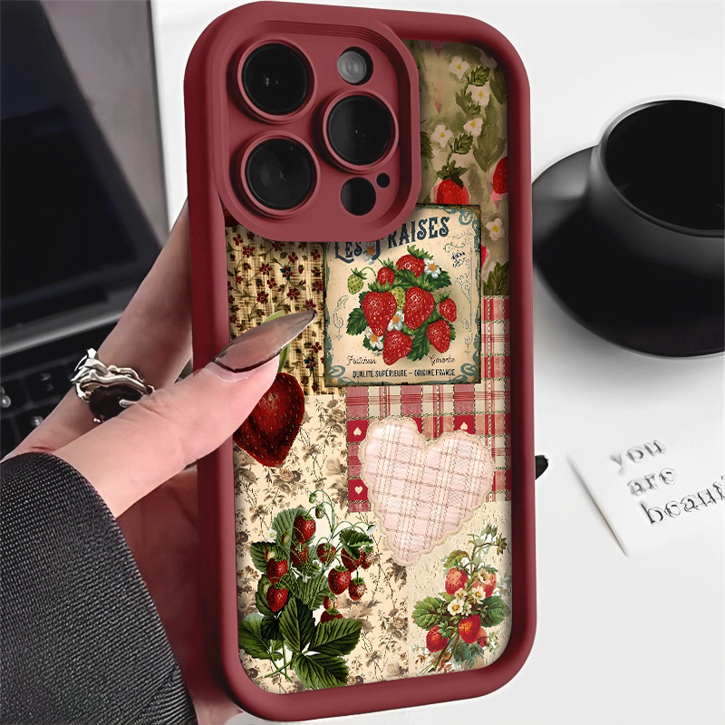 Vintage Strawberry Pattern Phone Case for iPhone 16 Pro Max, 16 Pro, 11 Pro Max, 15, 14 Plus, 13, 12, 16 XS Max, 15 Pro, XR, 15 Pro Max, 14, 13 Pro, 12 Pro Max Featuring TPU Drop Protection Soft Cover